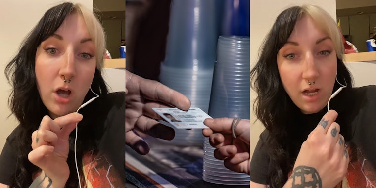 bartender speaking in front of tan wall (l) customer handing bartender ID (c) bartender speaking in front of tan wall (r)