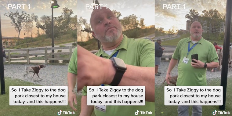 dog in park (l) man pointing (c) man with camera (r) all with caption 'So I Take Ziggy to the dog park closest to my house today and this happens!!!'