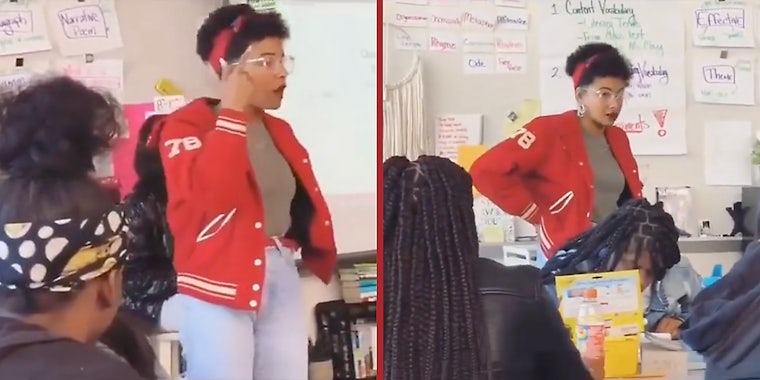 A woman leading a classroom.