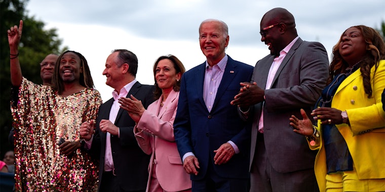 (L-R) Actor Billy Porter, U.S. Second Gentleman Doug Emhoff, Vice President Kamala Harris, President Joe Biden, Philonise Floyd, brother of George Floyd, and his wife Keeta Floyd attend a Juneteenth concert on the South Lawn of the White House on June 10, 2024 in Washington, DC. President Joe Biden In 2021 signed legislation establishing as a Federal holiday Juneteenth, which commemorates the ending of slavery in the United States. (Photo by Kent Nishimura/Getty Images)