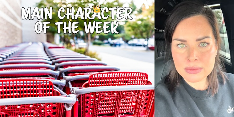 A row of shopping carts next to a woman looking at the camera. There is text that says 'Main Character of the Week' in a Daily Dot newsletter web_crawlr font.