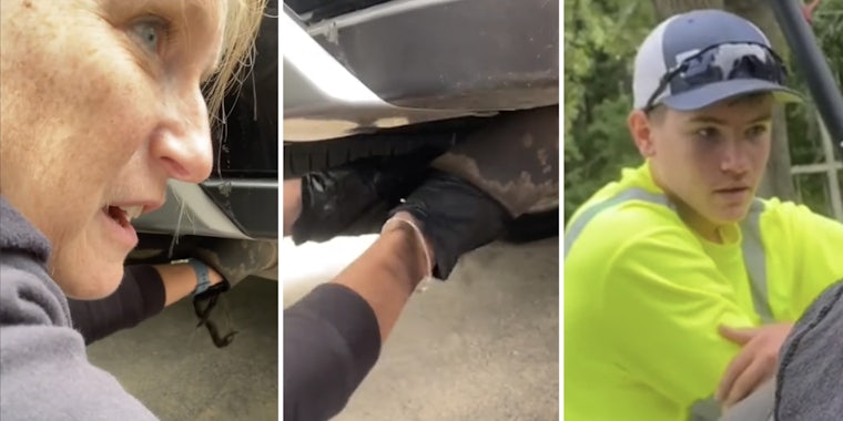 Woman reaching into muffler(l), Hands in muffler(c), Boy looking in disbelief(r)
