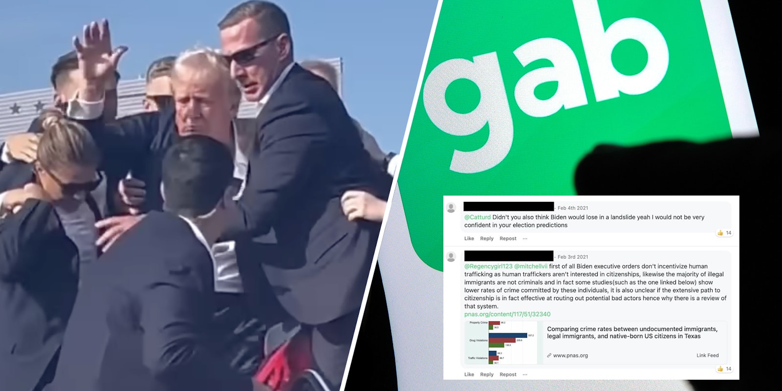 Donald Trump during assassination attempt(l), Gab app and gab tweet(r)