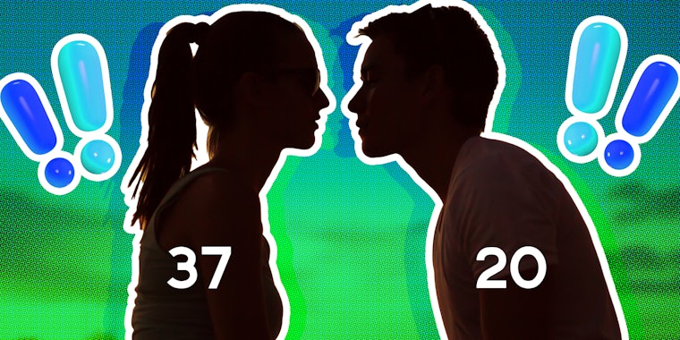 hagmaxxer: Silohuetted couple going in for a kiss where woman says 37 and man says 20