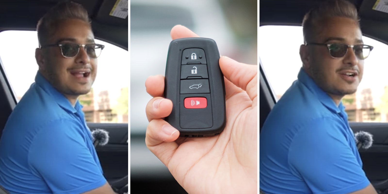 Man talking(l+r), Hand holding key fob(c)