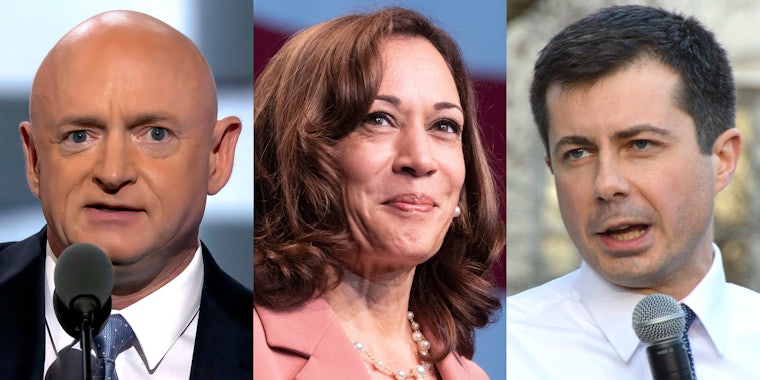Mark Kelly (l) Kamala Harris (c) Pete Buttigieg (r)